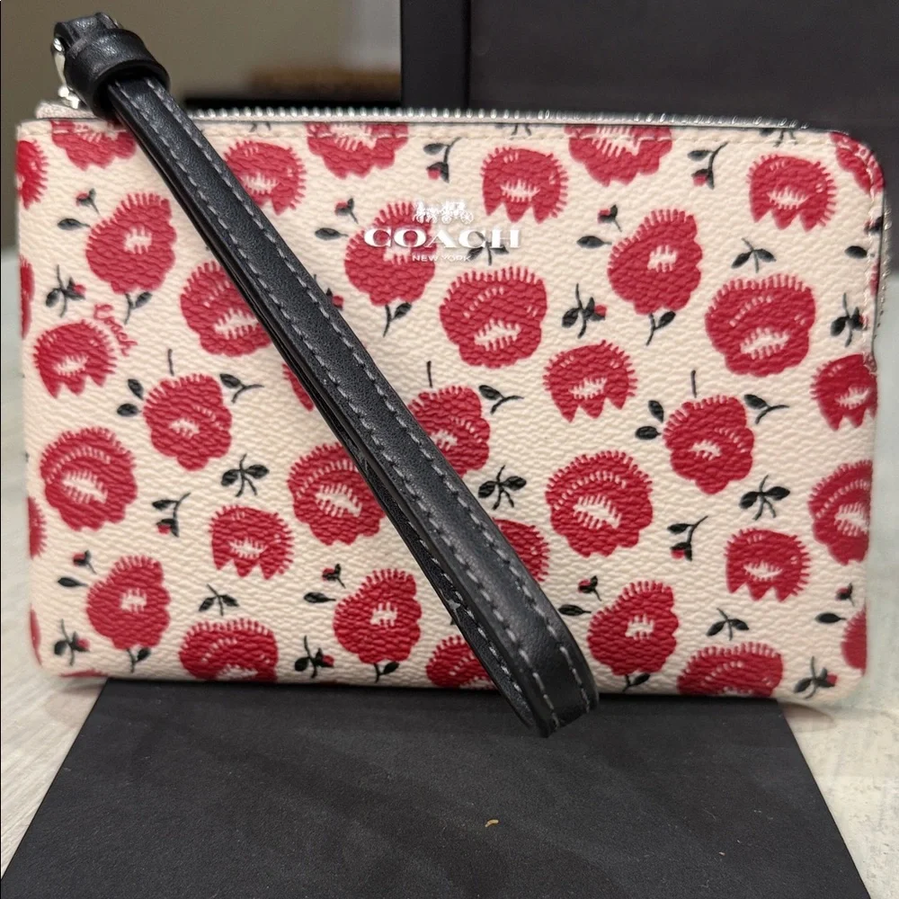 Coach Cream and Red Floral Wristlet